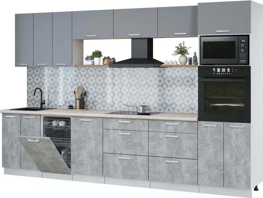 

Готовая кухня Интерлиния Мила Лайт 3.3-ПМ3 (серебро/бетон/травертин серый)