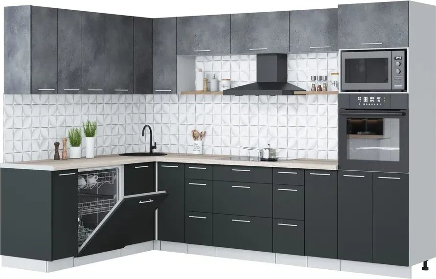 

Готовая кухня Интерлиния Мила Лайт 1.896х2.98-2 (бетон портленд/антрацит/травертин серый)