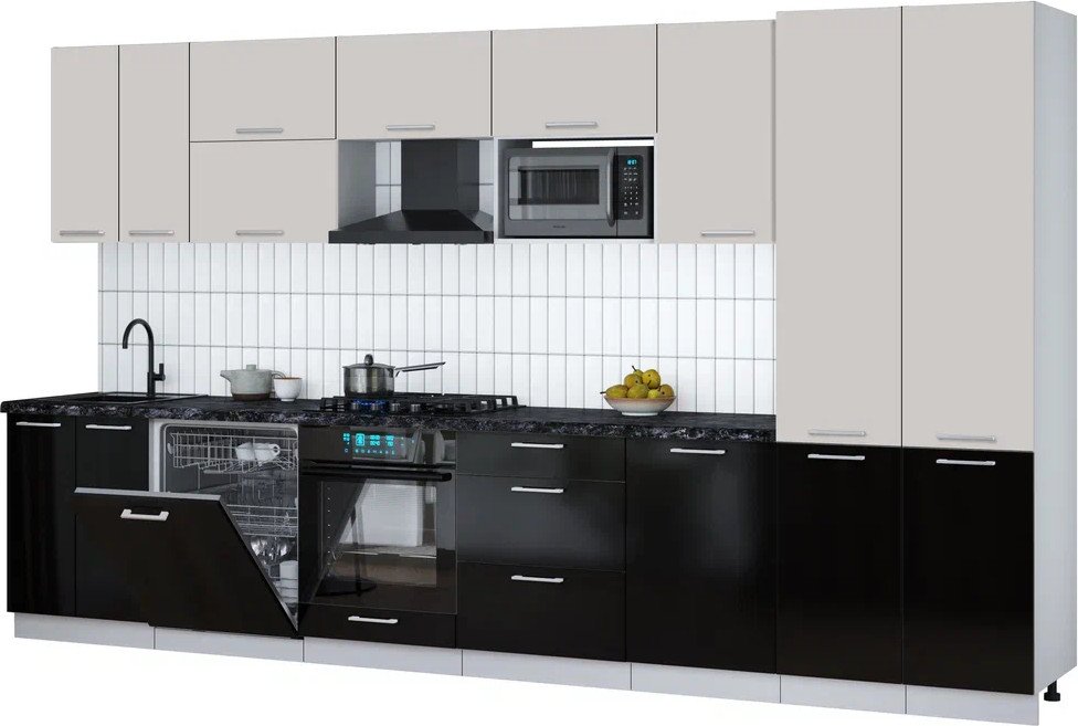 

Готовая кухня Интерлиния Мила Gloss 3.7-ПМ2 (черный глянец/кашемир/кастилло темный)