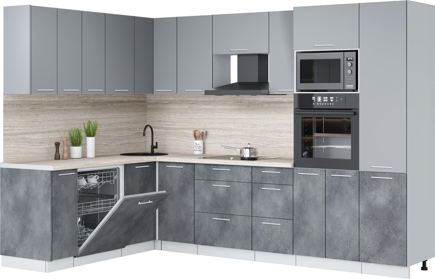 

Готовая кухня Интерлиния Мила Лайт 1.896х2.98 (серебро/бетон портленд/травертин серый)