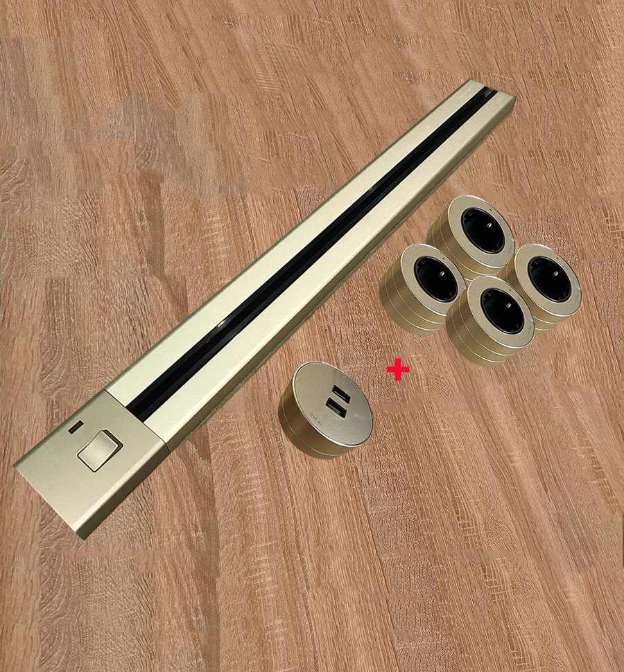 

Трековая розетка AVEL шинопровод 100 см + 4 розетки + 1 USB (золотистый)