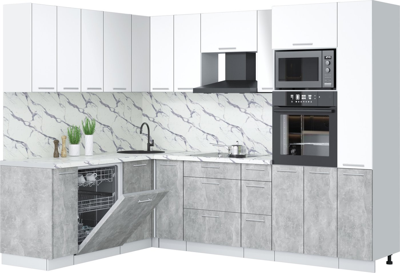 

Готовая кухня Интерлиния Мила Лайт 1.896х2.68 (белый платинум/бетон/белый гранит)