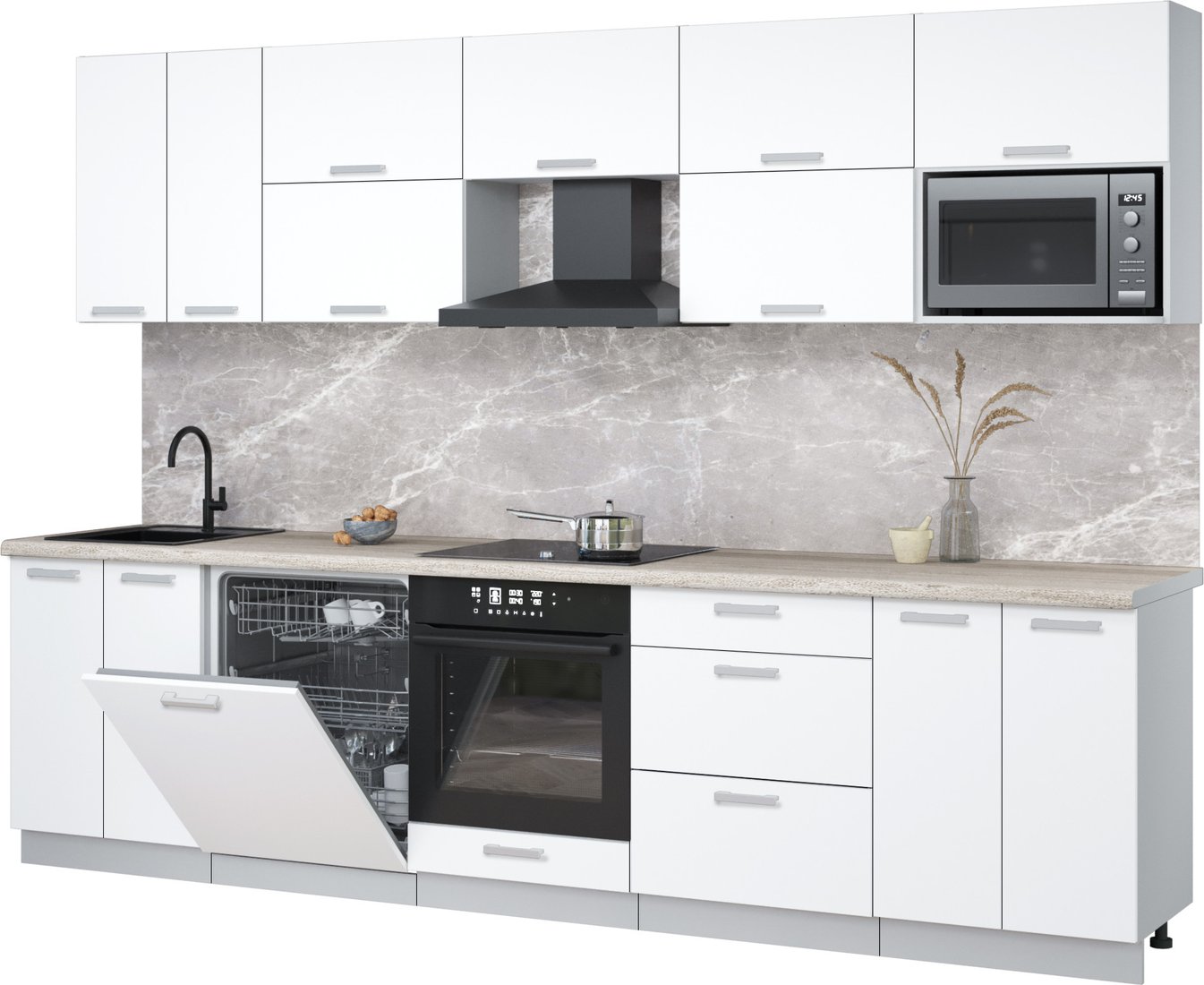 

Готовая кухня Интерлиния Мила Лайт 3.0-ПМ2 (белый платинум/белый платинум/травертин серый)