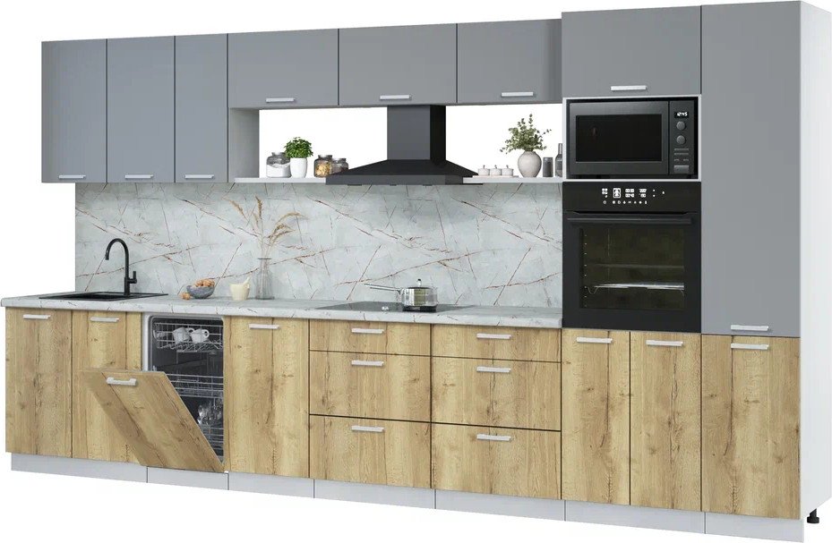 

Готовая кухня Интерлиния Мила Лайт 3.9-ПМ3 (серебро/дуб золотой/серый каспий)