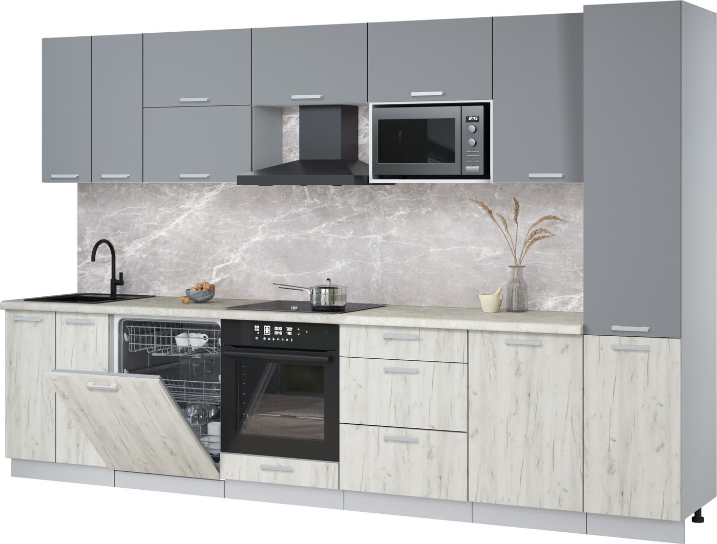 

Готовая кухня Интерлиния Мила Лайт 3.3-ПМ2 (серебро/дуб белый/опал светлый)