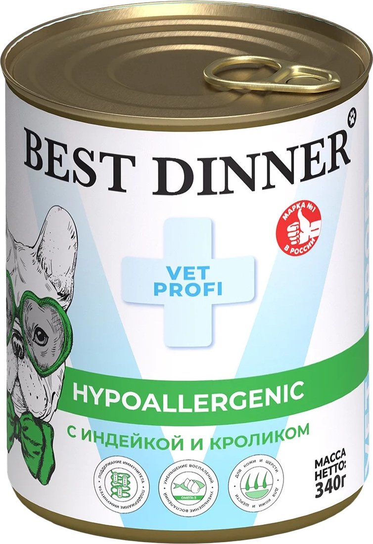 

Консервированный корм для собак Best Dinner Vet Profi Hypoallergenic С индейкой и кроликом (340 г)