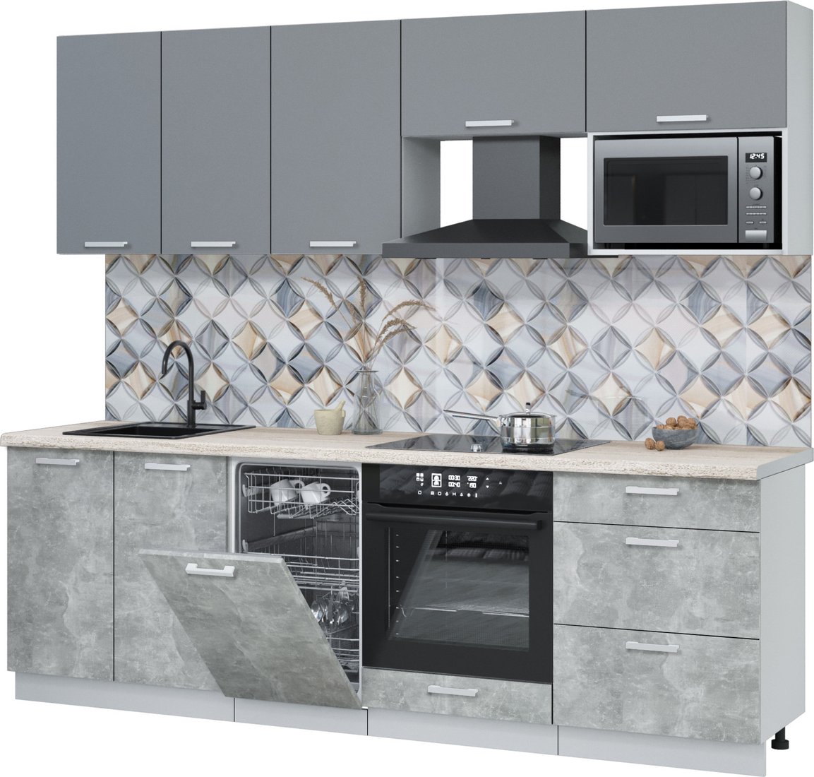 

Готовая кухня Интерлиния Мила Лайт 2.45-ПМ4 (серебро/бетон/травертин серый)