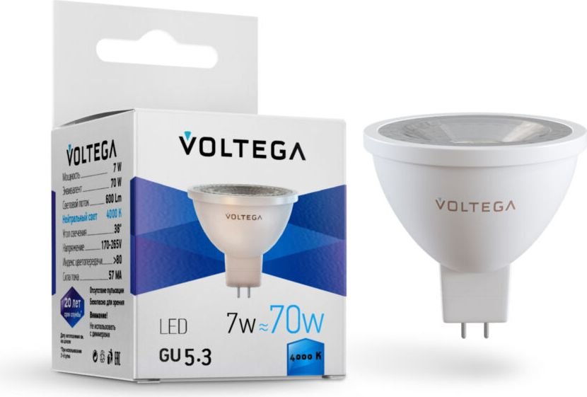 

Светодиодная лампочка Voltega Simple MR16 7W 4000K 38° GU5.3 7063