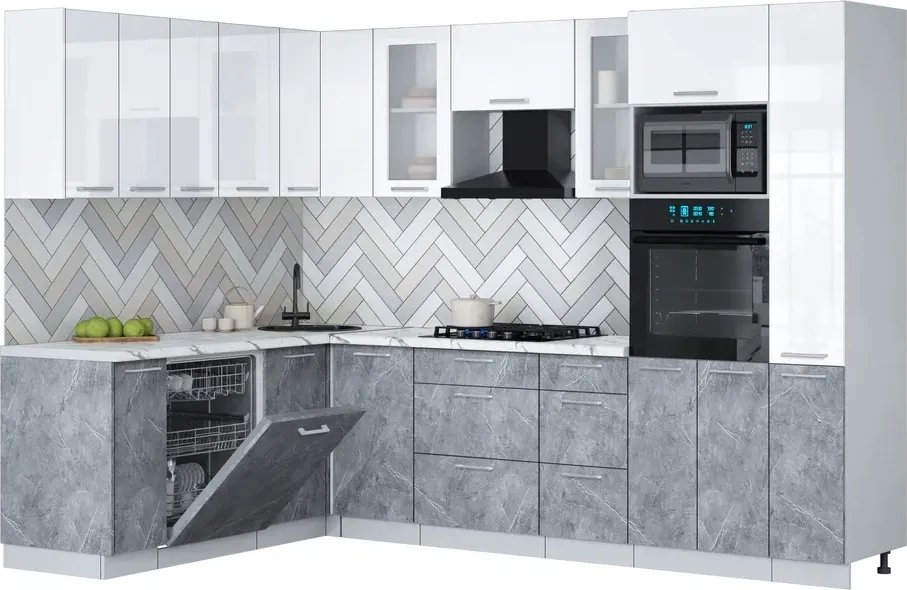 

Готовая кухня Интерлиния Мила Gloss 1.896х2.88 (керамика/белый глянец/белый гранит)