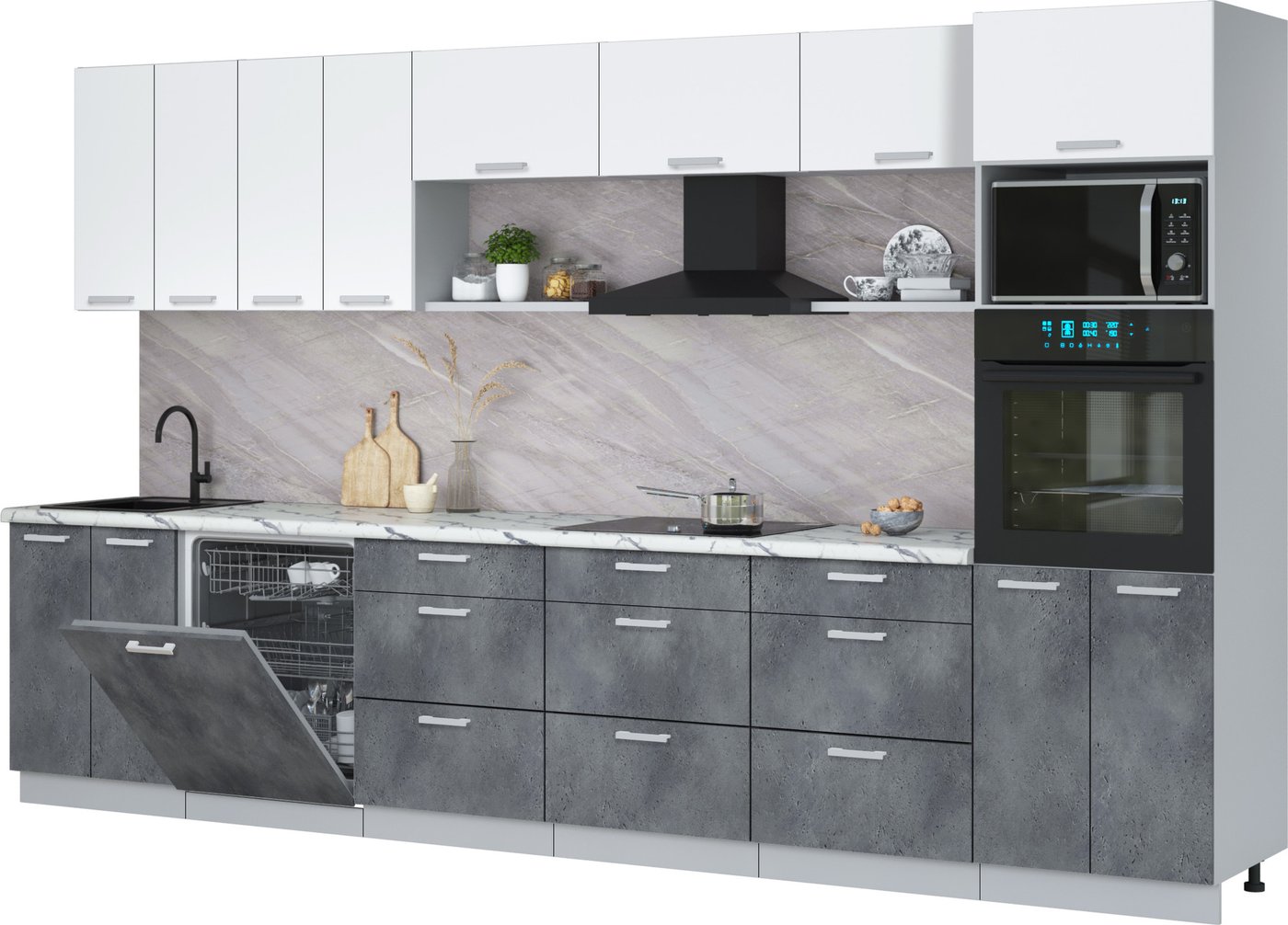 

Готовая кухня Интерлиния Мила Лайт 3.6-ПМ1-2 (белый платинум/бетон портленд/белый гранит)