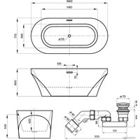 Ванна Wellsee Croquis 166x77 230302001 (отдельностоящая ванна матовый белый/матовый черный, экран, ножки, сифон-автомат хром)