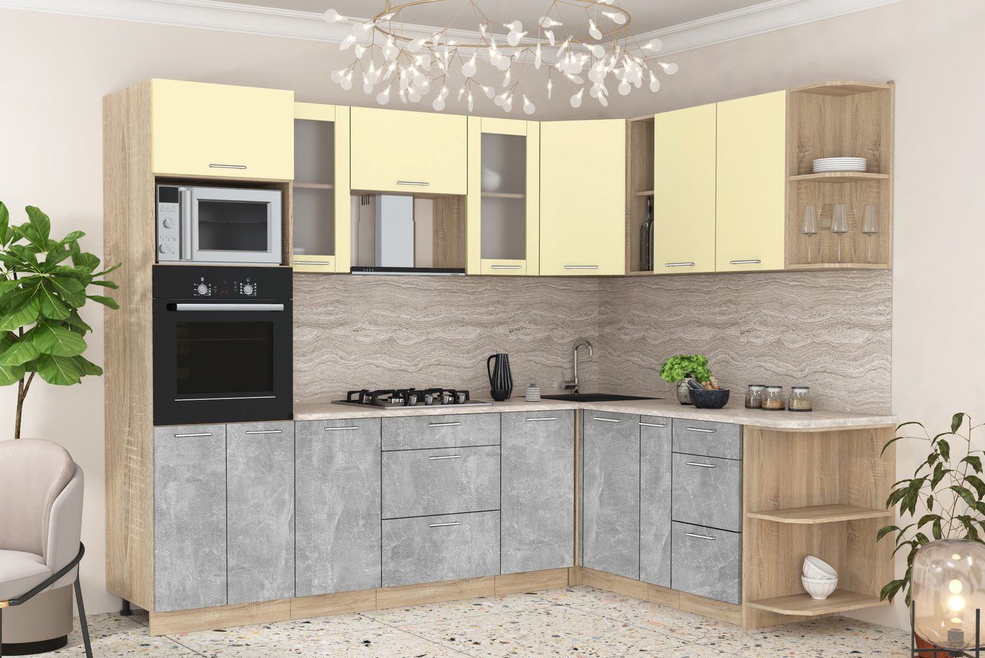 

Готовая кухня Интерлиния Мила 1.88x2.6 правая (ваниль/бетон/травертин)