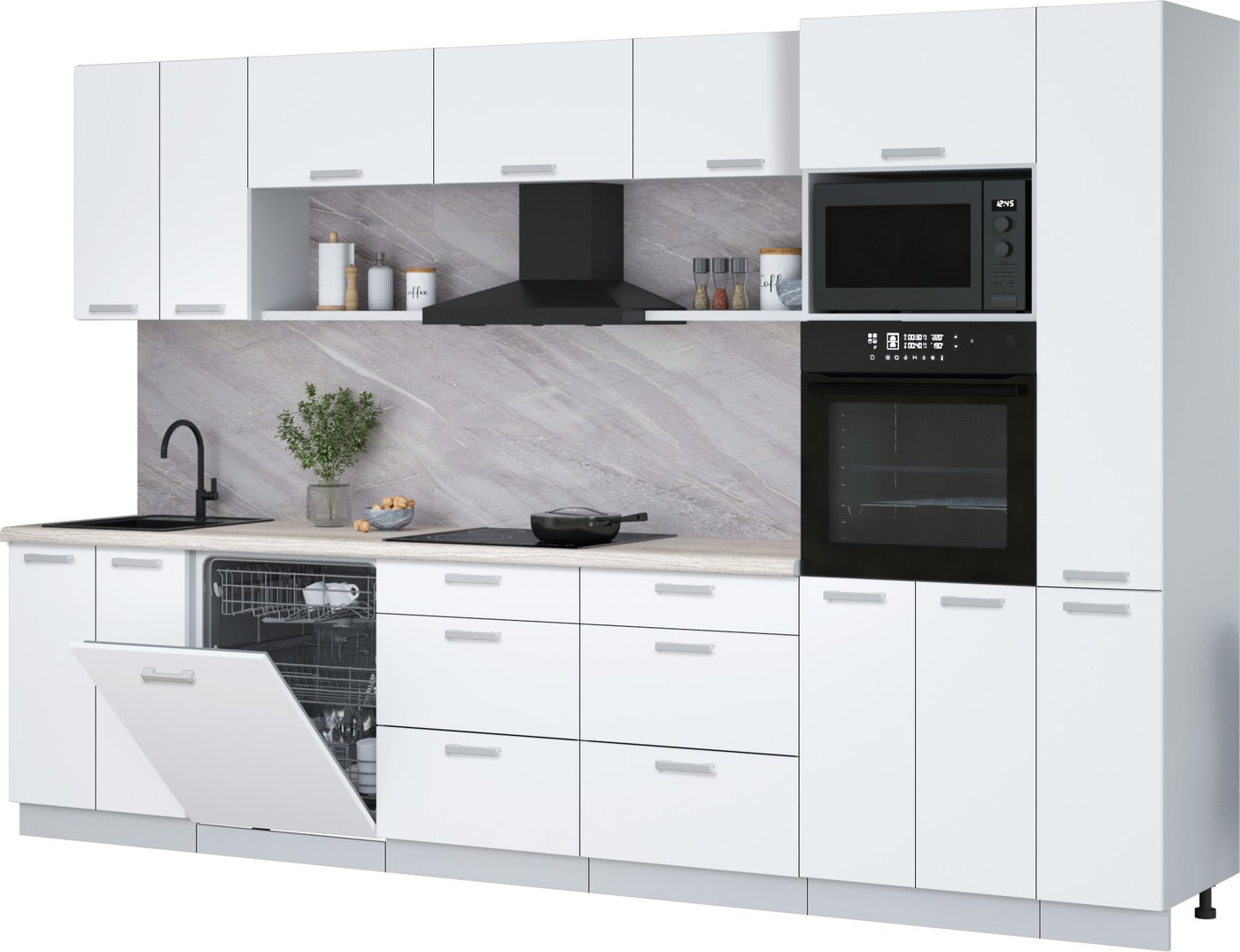 

Готовая кухня Интерлиния Мила Лайт 3.3-ПМ1 (белый платинум/белый платинум/травертин серый)