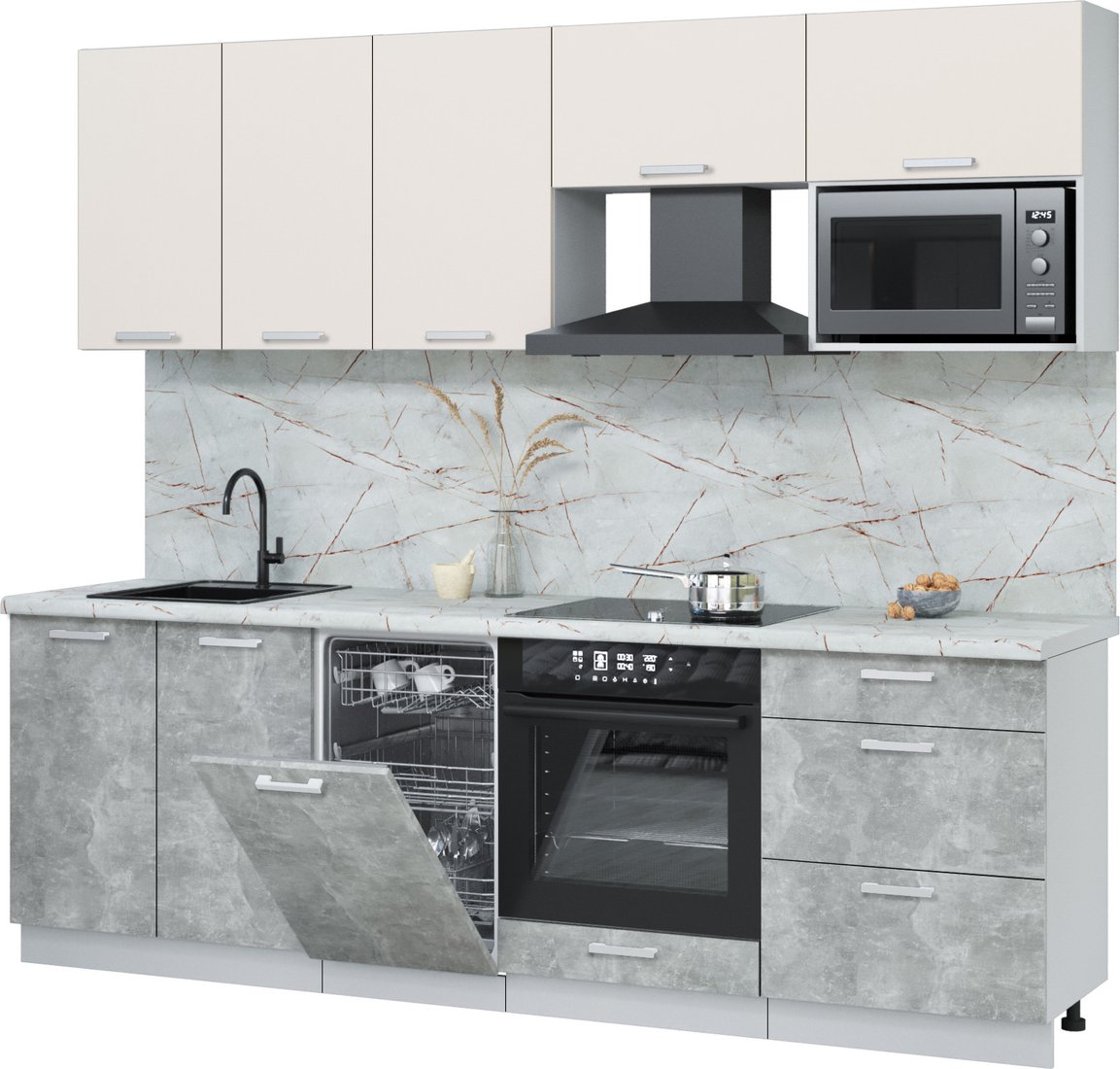 

Готовая кухня Интерлиния Мила Лайт 2.45-ПМ4 (персидский жемчуг/бетон/серый каспий)