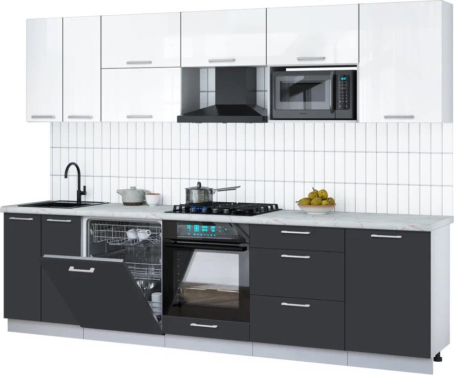 

Готовая кухня Интерлиния Мила Gloss 2.9-ПМ2 (пепел/белый глянец/серый каспий)