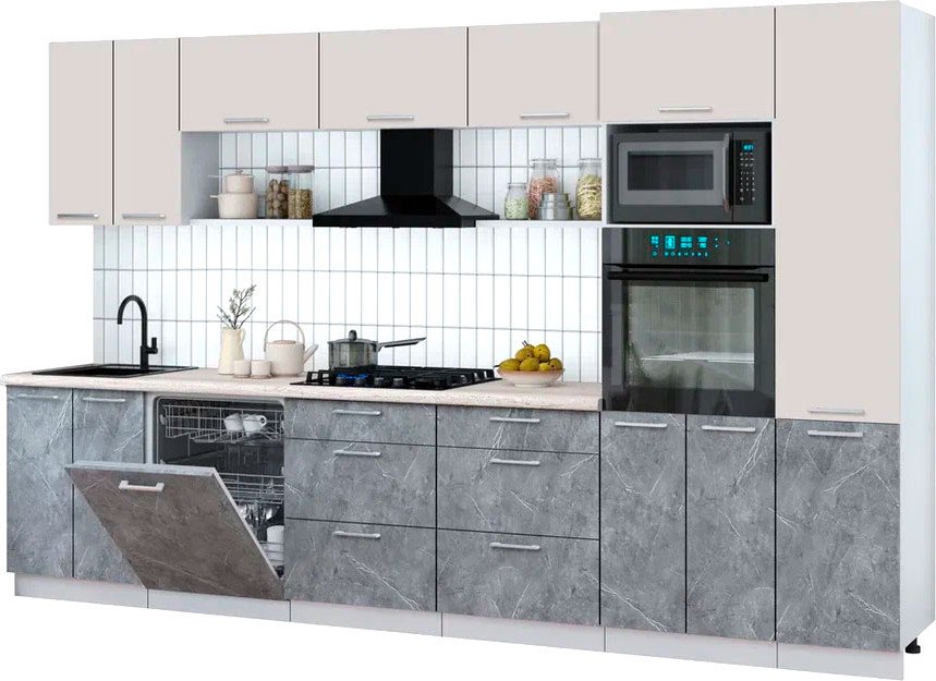 

Готовая кухня Интерлиния Мила Gloss 3.4-ПМ1 (керамика/кашемир/травертин серый)