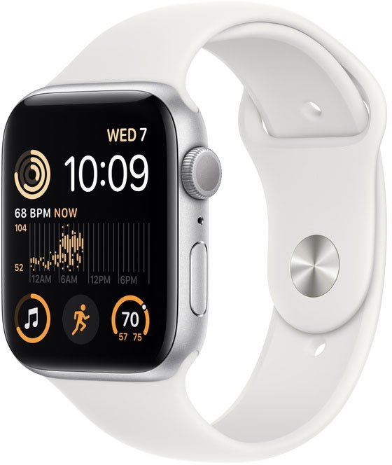 

Умные часы Apple Watch SE 2 44 мм (алюминиевый корпус, серебристый/белый, спортивные силиконовые ремешки S/M + M/L)