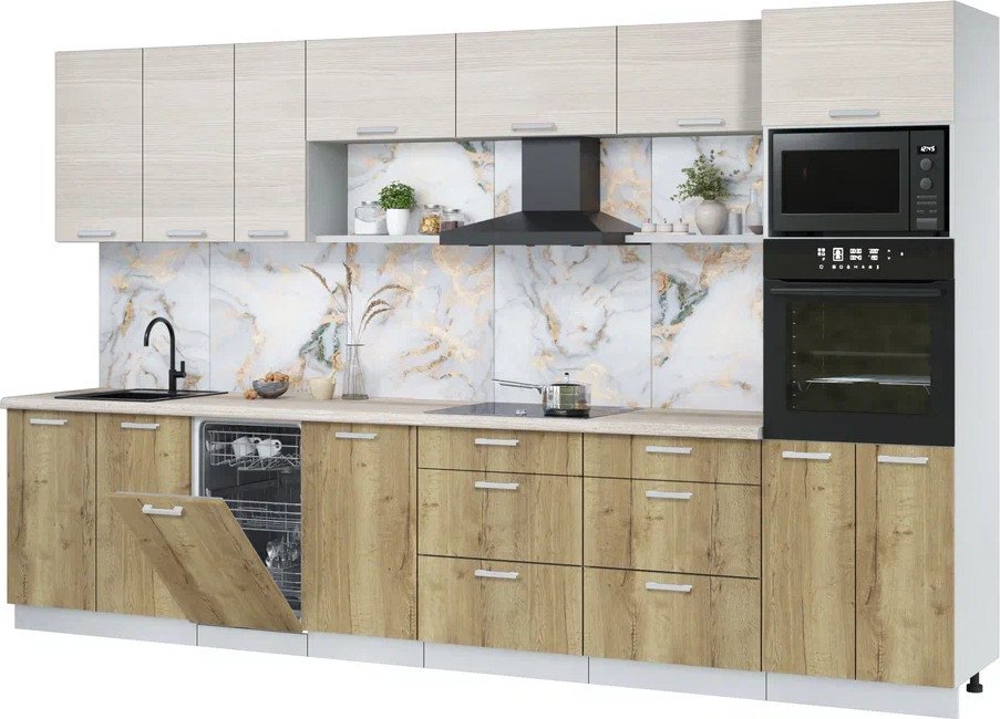 

Готовая кухня Интерлиния Мила Лайт 3.5-ПМ3 (вудлайн кремовый/дуб золотой/травертин серый)