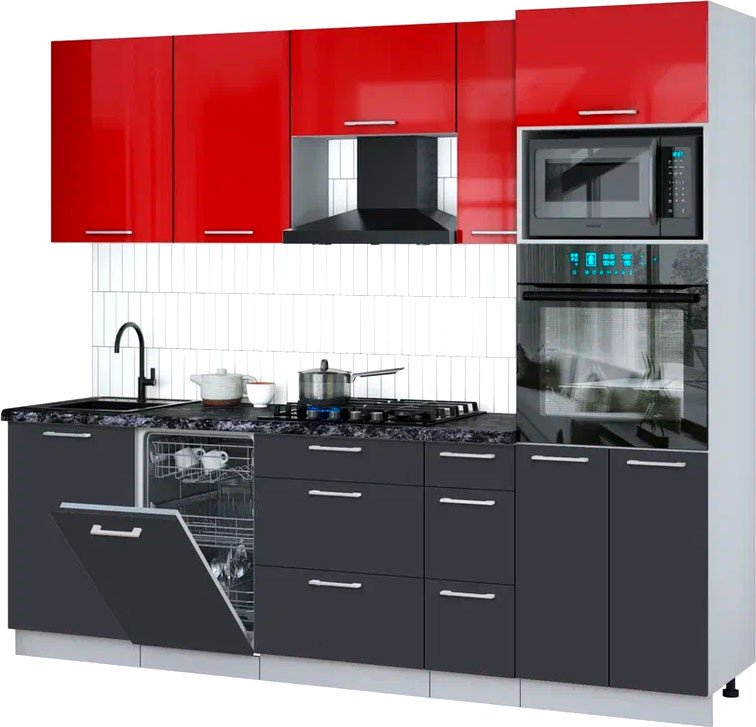 

Готовая кухня Интерлиния Мила Gloss 2.45-ПМ3 (пепел/красный глянец/кастилло темный)