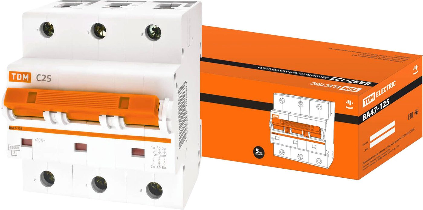

Выключатель автоматический TDM Electric ВА 47-125 3Р 25А (С) 15кА SQ0208-0076