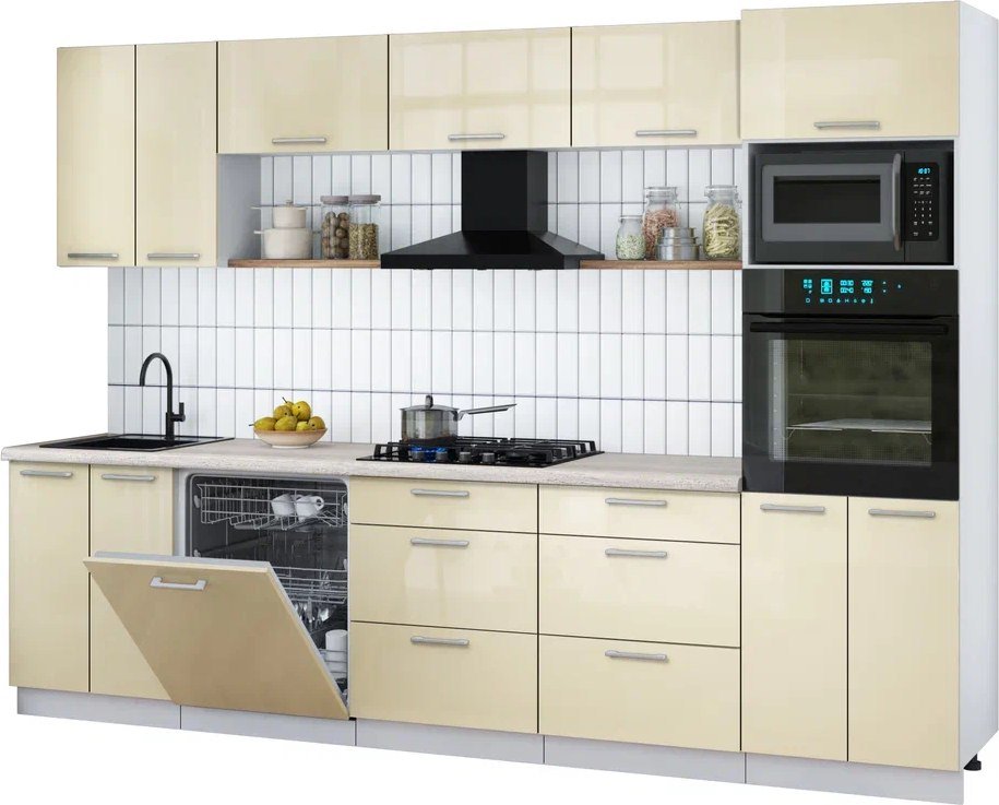 

Готовая кухня Интерлиния Мила Gloss 3.0-ПМ1 (ваниль глянец/ваниль глянец/травертин серый)