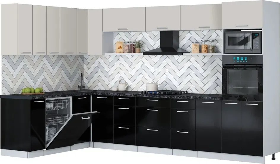 

Готовая кухня Интерлиния Мила Gloss 1.896х3.38-2 (черный глянец/кашемир/кастилло темный)