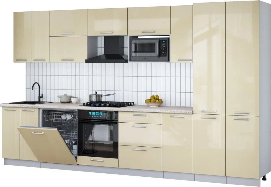 

Готовая кухня Интерлиния Мила Gloss 3.6-ПМ2 (ваниль глянец/ваниль глянец/травертин серый)