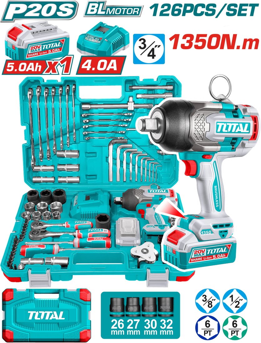 

Гайковерт Total THKTHP31262 (с 1-им АКБ, кейс, набор инструментов)