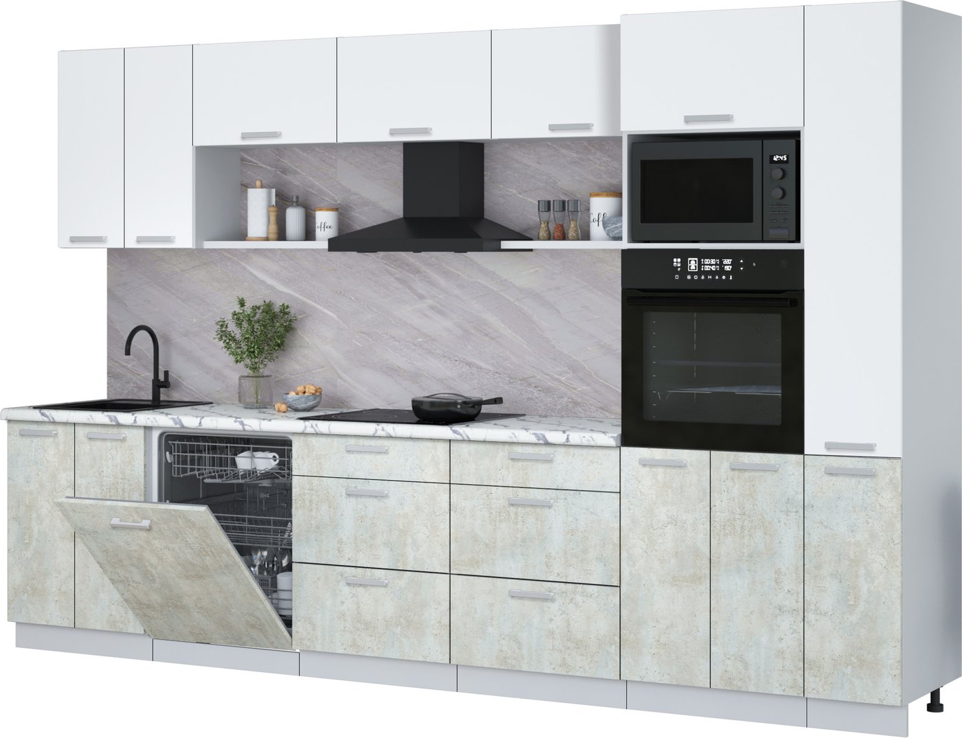 

Готовая кухня Интерлиния Мила Лайт 3.3-ПМ1 (белый платинум/бетон лайт/белый гранит)