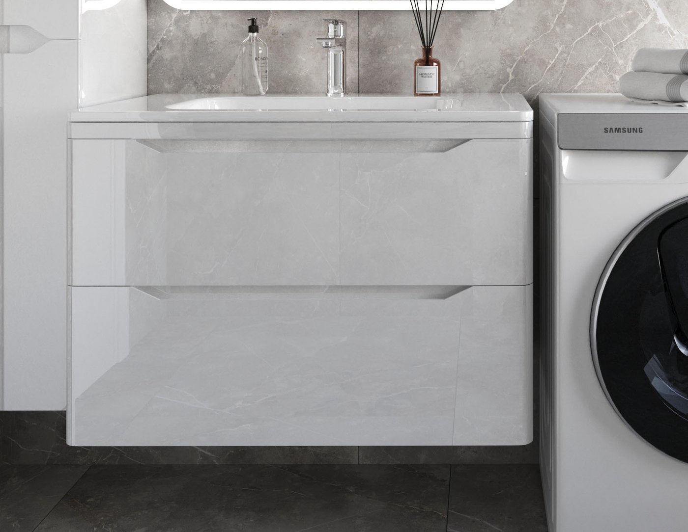 

Symbolite Тумба под умывальник Марелла 80 Люкс Plus 2 ящика + Марелла Люкс 80х40 (подвесная, белый глянец)