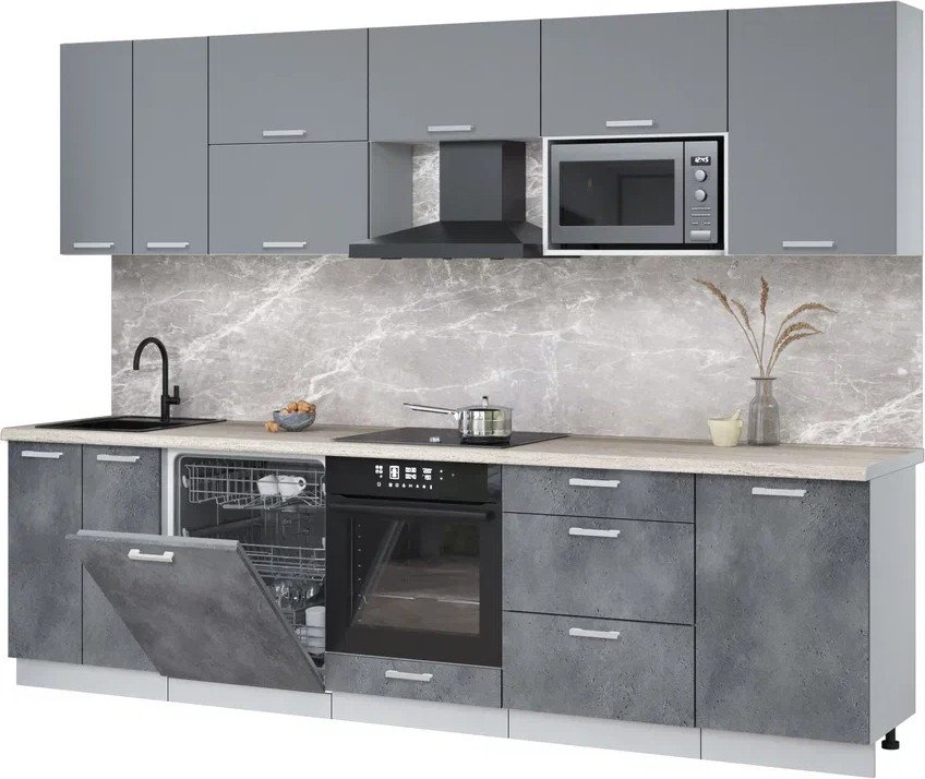 

Готовая кухня Интерлиния Мила Лайт 2.9-ПМ2 (серебро/бетон портленд/травертин серый)