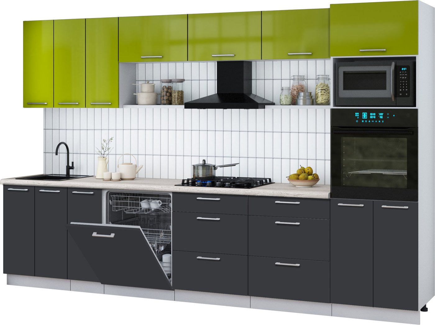 

Готовая кухня Интерлиния Мила Gloss 3.3-ПМ1-2 (пепел/яблоко глянец/травертин серый)