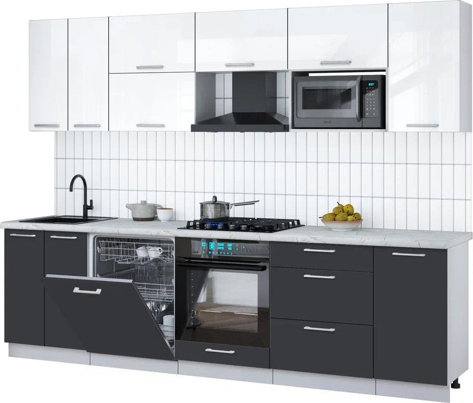 

Готовая кухня Интерлиния Мила Gloss 2.8-ПМ2 (пепел/белый глянец/серый каспий)