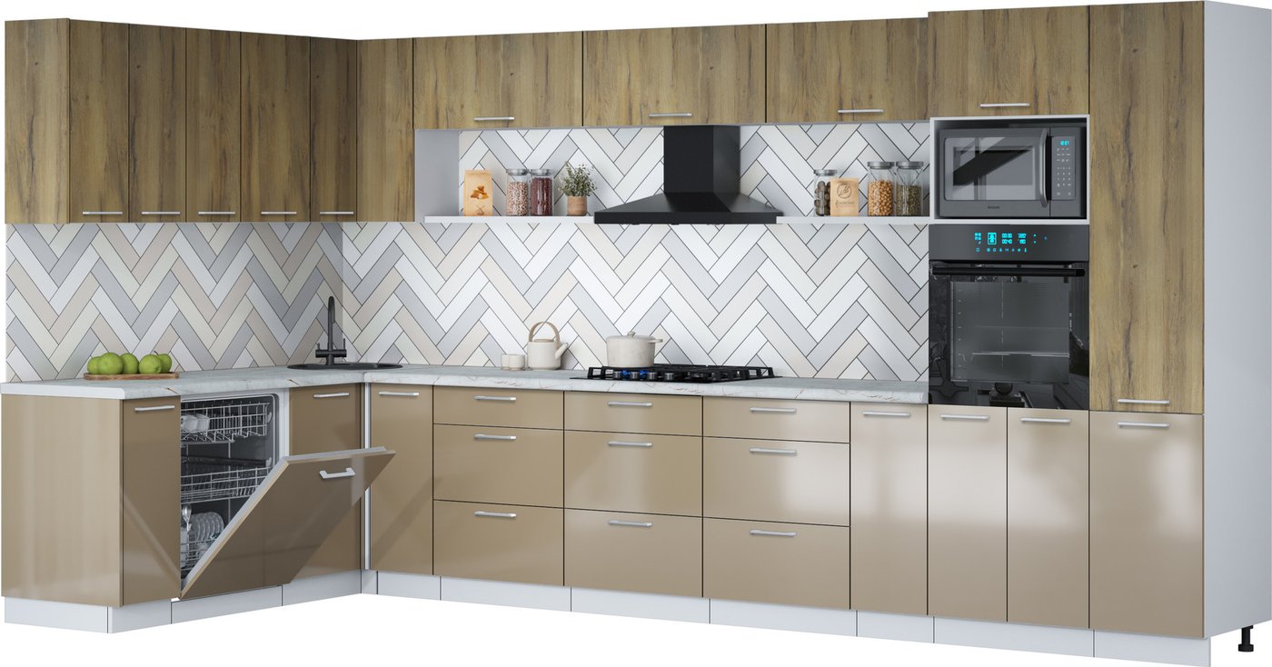 

Готовая кухня Интерлиния Мила Gloss 1.896х3.98 (капучино глянец/дуб вотан/серый каспий)