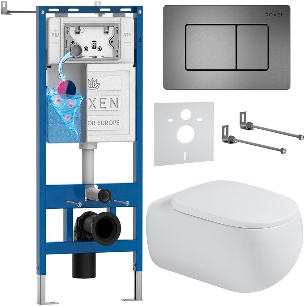 

Унитаз подвесной Roxen Titan в комплекте с инсталляцией StounFix Dual Fresh 6 в 1 967224 кнопка: оружейная сталь)