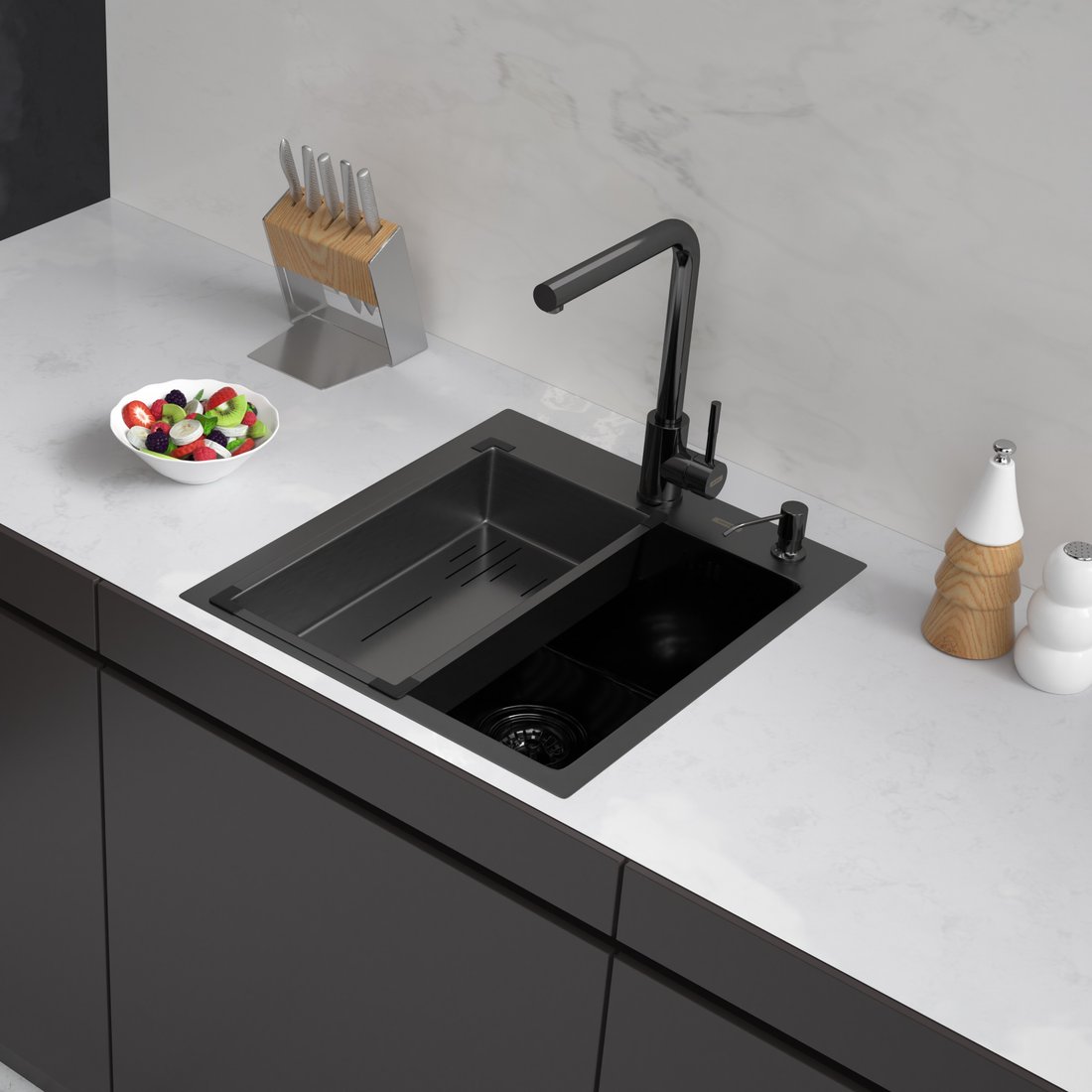 

Кухонная мойка ARFEKA Eco AR мойка 450*500, коландер G, дозатор Black