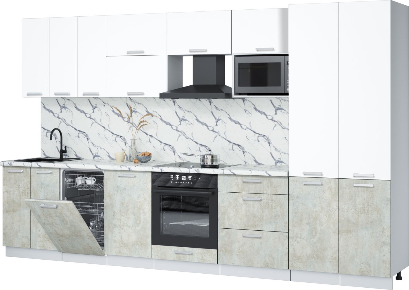 

Готовая кухня Интерлиния Мила Лайт 3.5-ПМ4 (белый платинум/бетон лайт/белый гранит)