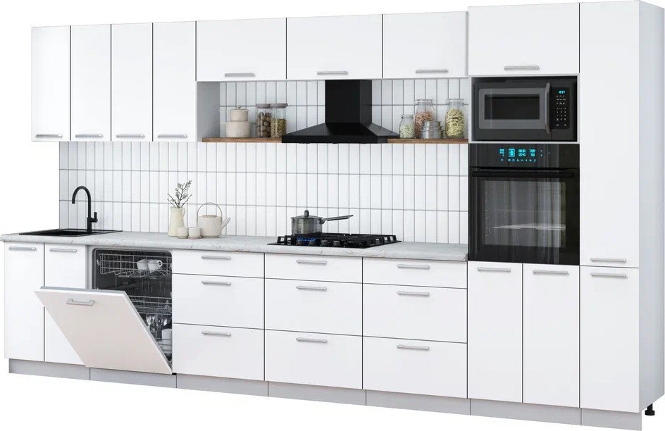 

Готовая кухня Интерлиния Мила Gloss 3.9-ПМ1 (белый/белый/серый каспий)