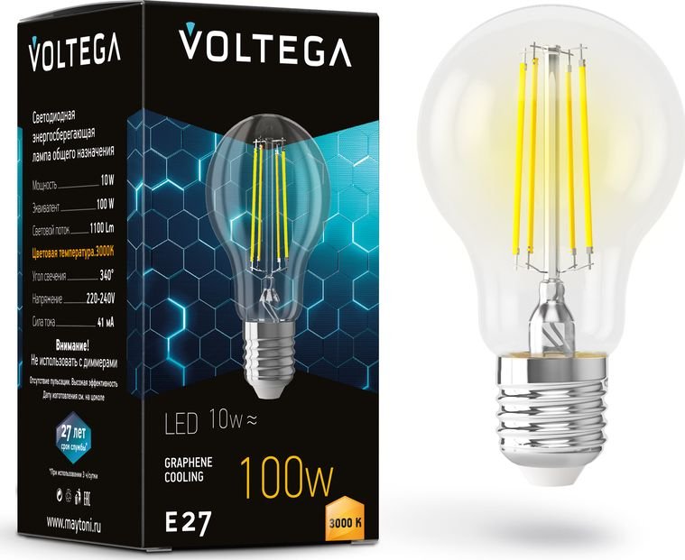

Светодиодная лампочка Voltega Crystal Graphene A60 10W 3000K E27