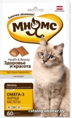 Лакомство для кошек Мнямс Здоровье и красота. Хрустящие подушечки с лососем 60 г