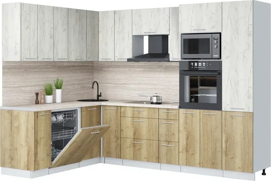 

Готовая кухня Интерлиния Мила Лайт 1.896х2.78 (дуб белый/дуб золотой/травертин серый)