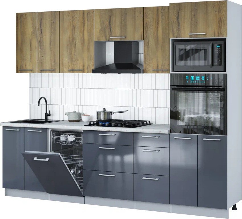 

Готовая кухня Интерлиния Мила Gloss 2.65-ПМ3 (асфальт глянец/дуб вотан/серый каспий)