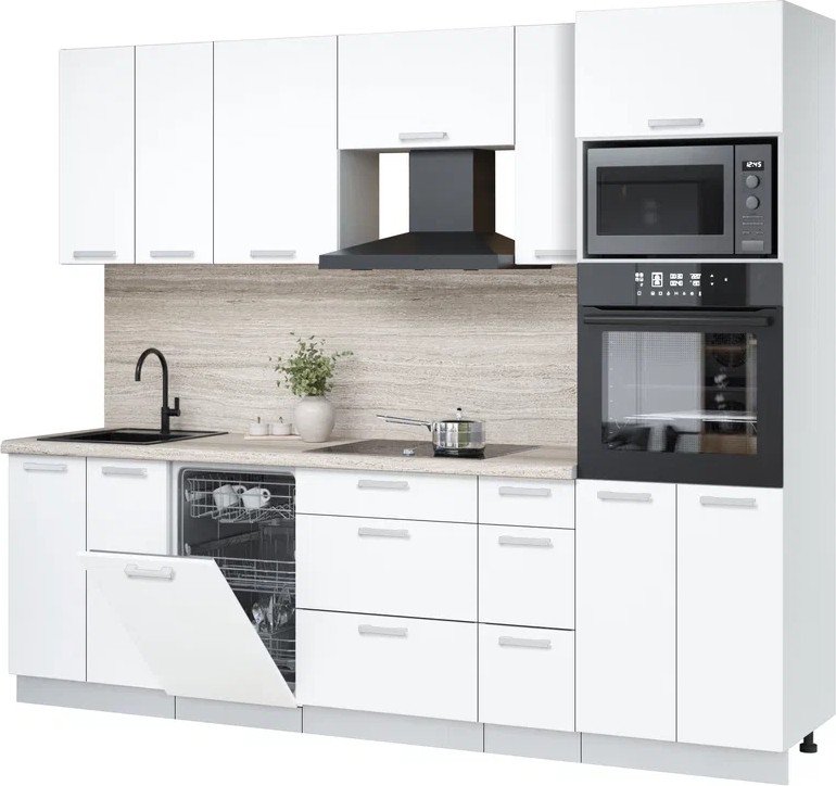 

Готовая кухня Интерлиния Мила Лайт 2.55-ПМ3 (белый платинум/белый платинум/травертин серый)