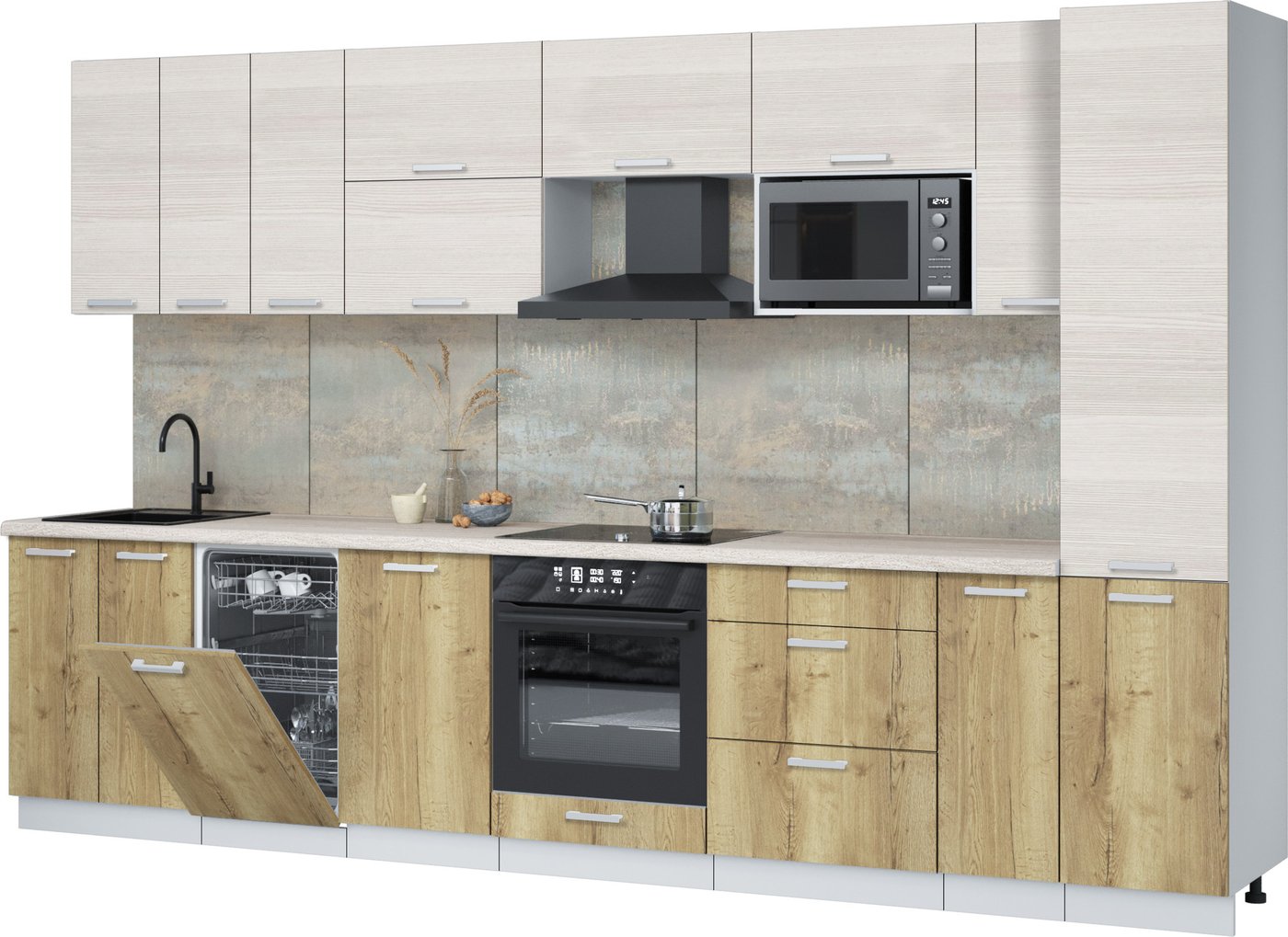 

Готовая кухня Интерлиния Мила Лайт 3.4-ПМ4 (вудлайн кремовый/дуб золотой/травертин серый)