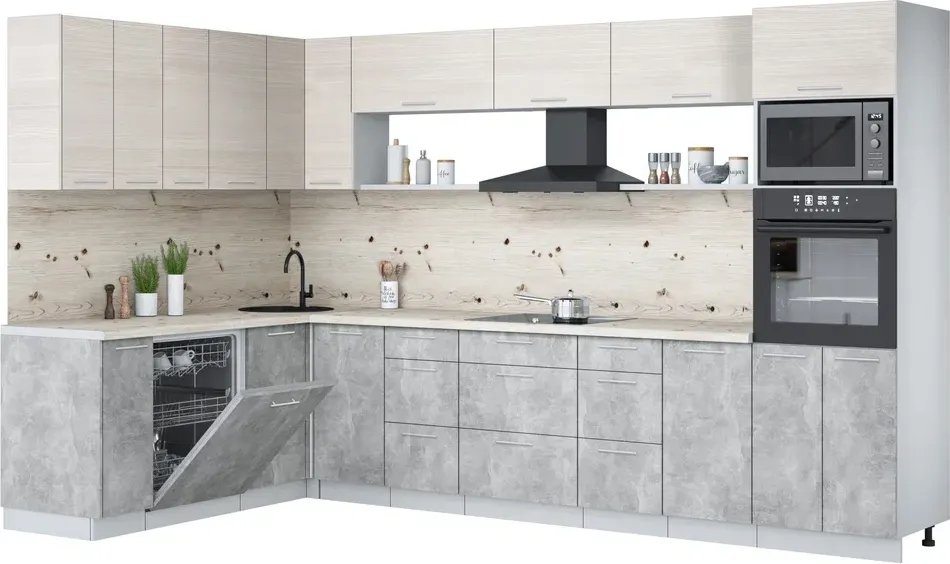 

Готовая кухня Интерлиния Мила Лайт 1.896х3.38-2 (вудлайн кремовый/бетон/бискайская сосна)