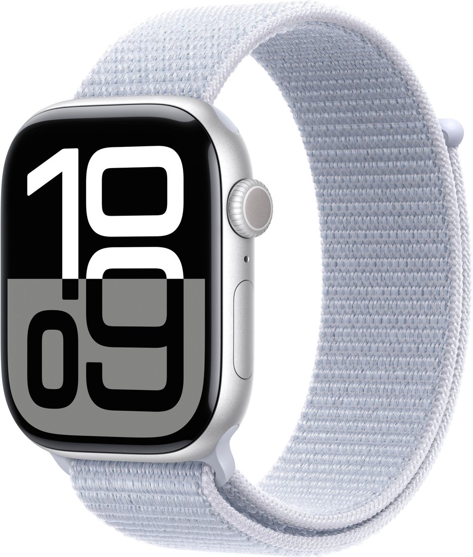 Умные часы Apple Watch Series 10 42 мм (алюминиевый корпус, серебристый/голубой, нейлоновый ремешок)