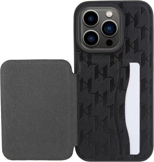

Чехол для телефона CG Mobile Lagerfeld Cardslot Stand PU Saffiano Monogram Plate logo Hard для iPhone 15 Pro Max KLHCP15XSAKLPSCK