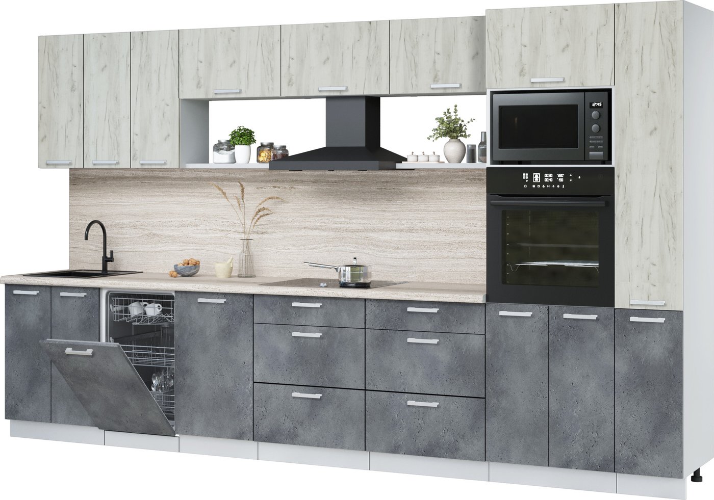 

Готовая кухня Интерлиния Мила Лайт 3.6-ПМ3 (дуб белый/бетон портленд/травертин серый)