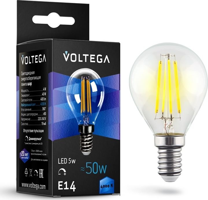 

Светодиодная лампочка Voltega Crystal Globe 5W 4000K E14 DIM