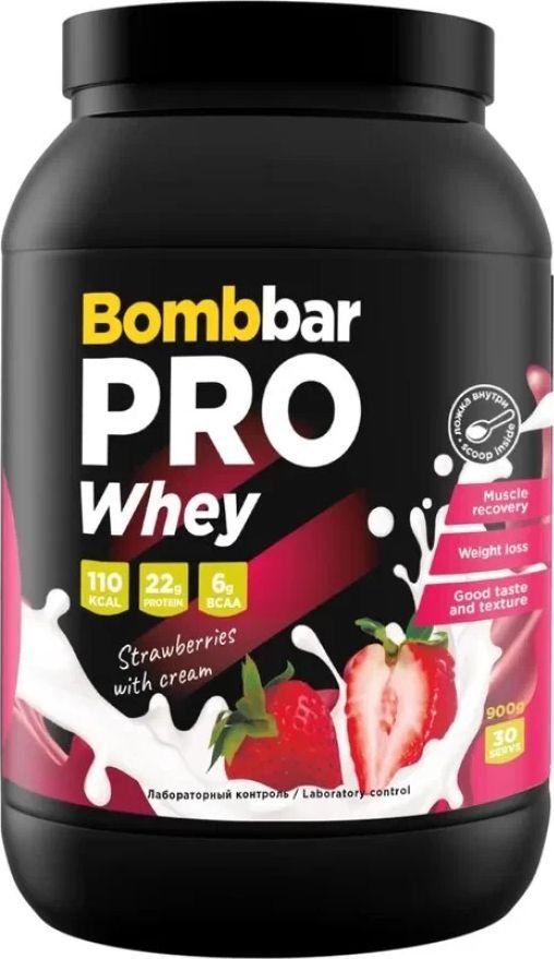 

Протеин сывороточный (концентрат) Bombbar Whey Protein Pro (900 г, клубника со сливками)
